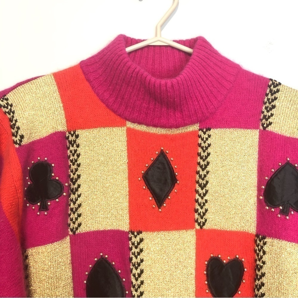 Vintage Wool Angora Patchwork Card Suits Beaded Mock Neck Sweater, size 40 (M/L) - Picture 2 of 10